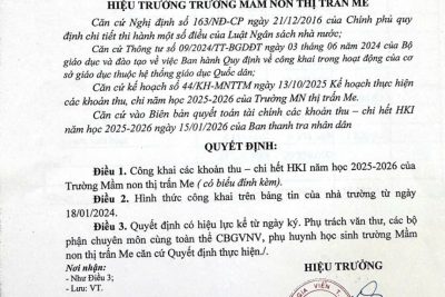 Trường MN thị trấn Me công khai các khoản thu-chi hết học kỳ I năm học 2025-2026